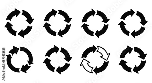 A collection of black circular arrows depicting cyclical processes movement and rotation in various orientations high quality professional
