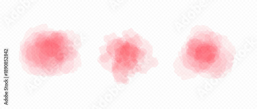 Pink blobs set in watercolor style. Soft red watercolour texture splash effects. Vector round paint brush shape element collection. Abstract pastel color splatters, spots, stains and drops. Vector