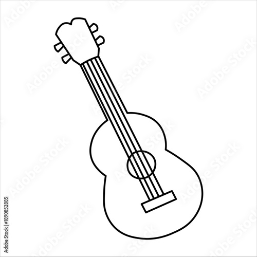 A simple black and white line drawing of a ukulele, a small four-stringed musical instrument.