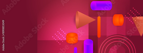 Artistic magenta and red abstract background featuring 3D geometric pillars and cones with subtle gradients