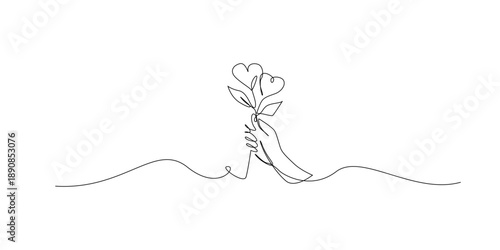 Hand drawn line illustration of hands holding flowers. Continuous single line of plant with flowers of love. romance, affection, valentine. one line vector illustration.