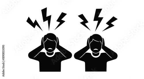 Two silhouetted figures are depicted with their hands covering their ears surrounded by lightning bolt symbols high quality