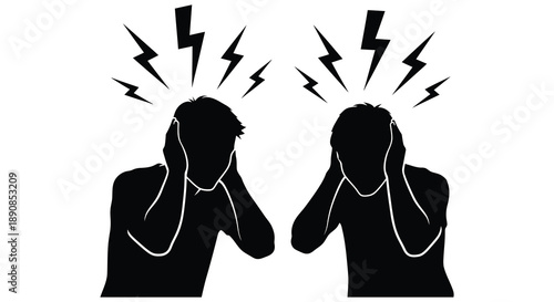 A stark black silhouette depicts two individuals overwhelmed by intense mental distress signified by lightning bolts high quality