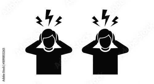 Two silhouetted figures with hands covering ears experiencing distress indicated by lightning bolt symbols above their heads