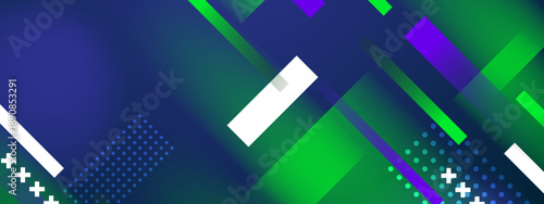 Dynamic blue and green background featuring diagonal rectangular shapes and glowing neon accents