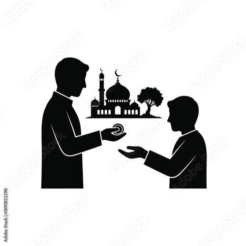 "Muslim Man Giving Zakat or Sadaqah to a Boy - Islamic Charity Concept"