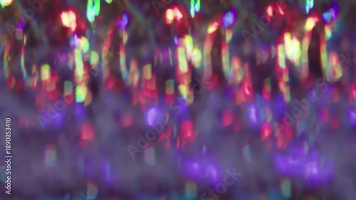 Defocused twinkle texture. Gradient reflection. Bokeh colorful glimmer mix kaleidoscopic flare in glass prism. Abstract neon luminosity glitter background.