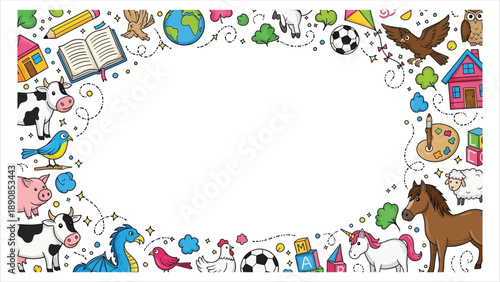 Colorful cartoon animals and objects border for kids