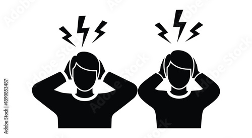 Two silhouetted figures with their hands covering their ears surrounded by jagged lightning bolt shapes high quality professional