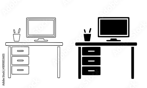 Office desk icon set, computer workstation with drawers symbol, home office furniture for remote work, outline and solid study table vector, professional workspace illustration on white