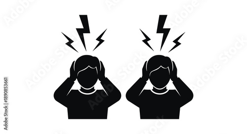 Two silhouetted figures are depicted holding their heads with jagged lines suggesting intense mental distress or headaches
