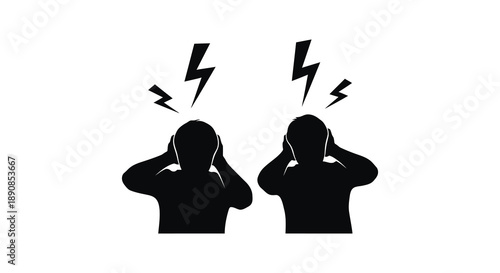 Two silhouetted figures cover their ears in distress reacting to prominent lightning bolt symbols above high quality professional
