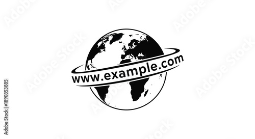 A black and white graphic depicts planet earth encircled by a banner displaying a website address high quality