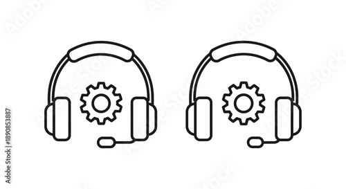 A minimalist line drawing depicts two identical sets of headphones with integrated gear mechanisms high quality professional detailed