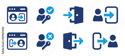 Login and registration icons set, user account access and security concepts, web interface elements, authentication and authorization, success and failure status