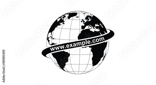 A black and white illustration depicts planet earth with a curved banner displaying a website address high quality