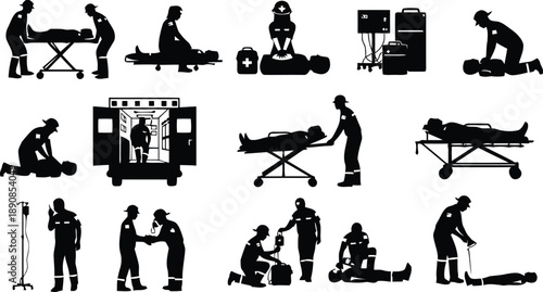 Medical professionals assisting with patient care including emergency response resuscitation and transport with ambulance and medical equipment providing aid
