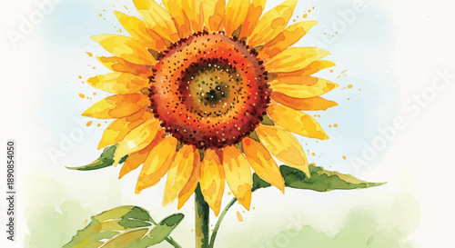 Watercolor painting of a bright yellow sunflower bloom
