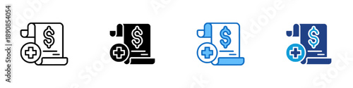 Medical bill icon showing financial document with dollar sign and plus symbol representing healthcare costs and additional charges in payment and insurance vector graphics