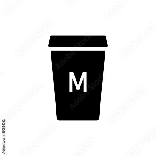 Medium size black silhouette coffee cup icon with letter M for medium size indicated on front clean vector graphic for beverage or takeaway service modern design element