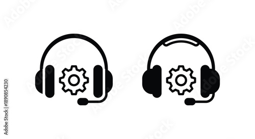 A minimalist illustration depicts two black headphones with integrated microphones and gear icons high quality professional detailed modern