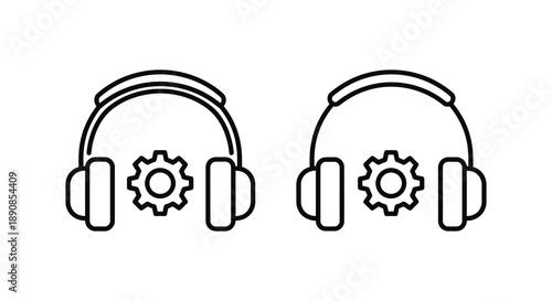 A minimalistic line drawing depicts two pairs of headphones each featuring a gear detail high quality professional detailed