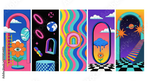 A Colorful and Surreal Digital Art Collection Featuring Psychedelic Patterns, Cosmic Elements, and Abstract Designs