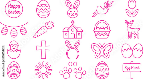 A cheerful collection of pink outline Easter symbols including eggs bunnies a church and spring flowers
