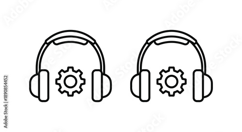 A simple black and white line drawing depicts two pairs of headphones with gears beneath them high quality professional detailed