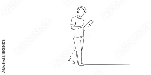 Hand drawn line illustration of a man walking while reading a paper document. Continuous single line showing work activity, reading, information review, and daily lifestyle.