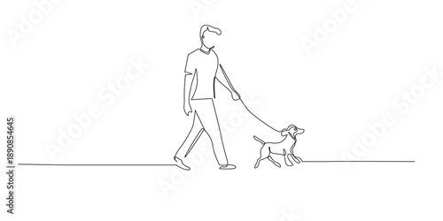 Hand drawn line illustration of a man walking with a pet dog. Continuous single line urban lifestyle, pet theme. One line vector illustration.