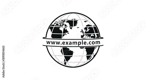 A black and white graphic depicts a world globe with a website address horizontally across its center
