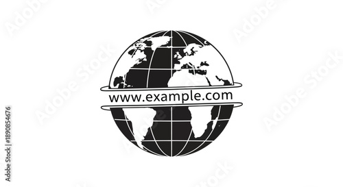 A black and white graphic depicts a world globe with continental outlines and a website address high quality