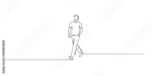 Hand drawn line illustration of a man walking casually with relaxed posture. Continuous single line showing leisure activity, calm mood, and modern lifestyle concept.