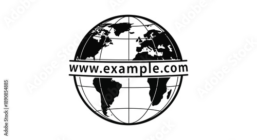 A black and white illustration depicts a world globe with a website address overlaid across the center