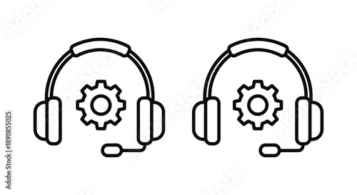 A minimalist black and white line drawing depicts two headset icons with integrated gear motifs high quality professional