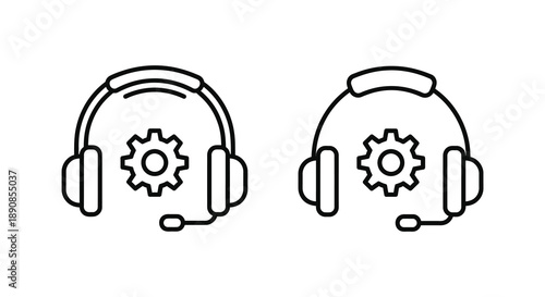 A simple line drawing depicts two variations of a headset with attached microphones featuring gear icons high quality