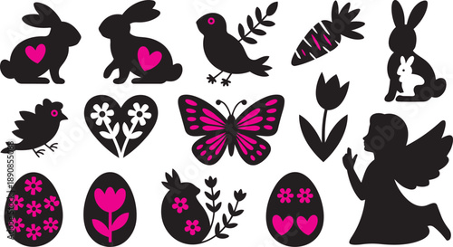 A delightful collection of Easter themed black silhouettes adorned with bright pink accents and details