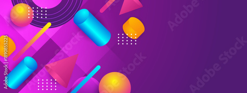 3D abstract background in purple with floating cylinders cones and spheres in a memphis design style