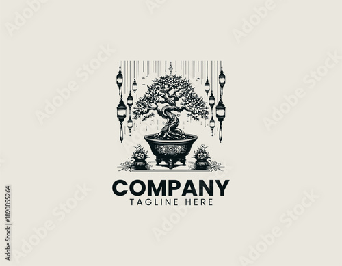 Bonsai tree illustration displays hanging lanterns with calm fantasy botanical tattoo style