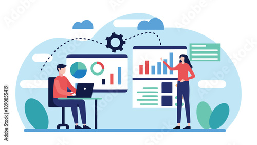 Vector illustration of business people working with data analysis and charts, for presentation or website, isolated on transparent background, png