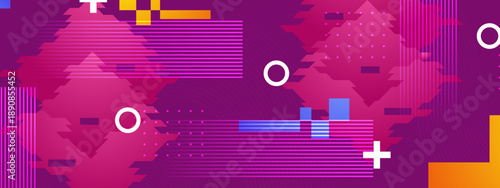 Creative purple glitch background featuring horizontal lines white circles and vibrant orange geometric details