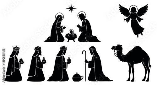 Nativity scene icons featuring holy family, wise men, angel, camel, shepherd, and star for Christmas and religious celebrations, elegant silhouette vector art