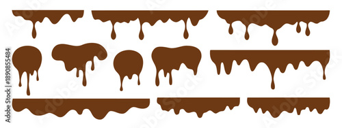 Melting chocolate drips and splashes, sweet food elements for confectionery and dessert design, rich brown liquid effect