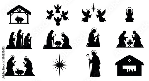 Nativity scene icons with manger, wise men, angels, star of Bethlehem, shepherds, and baby Jesus for Christmas and religious celebration themes vector illustration set