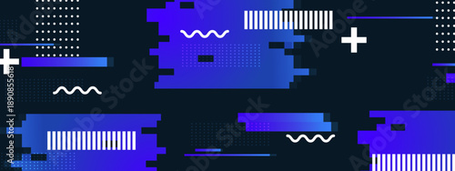 Sophisticated midnight blue background with purple glitch patterns white crosses and horizontal neon bars