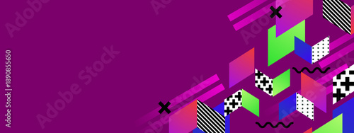 Dynamic magenta backdrop with floating 3D blocks and colorful geometric elements in a playful Memphis arrangement