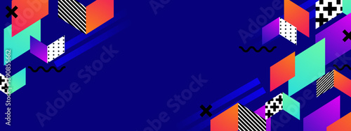 Abstract blue background featuring 3D isometric cubes and colorful Memphis style geometric shapes with patterns