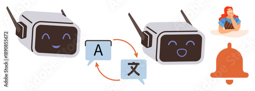 Language learning, AI communication, translation services, global interaction, notifications, human thoughts. Two AI chatbots exchanging messages, woman thinking bell icon. Language learning and AI
