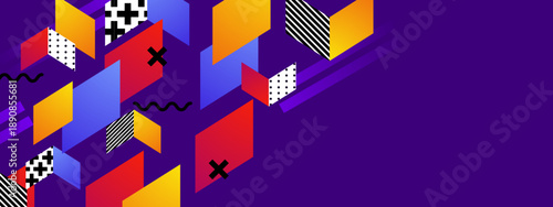Sophisticated purple background with isometric 3D shapes and vibrant geometric patterns for modern design projects